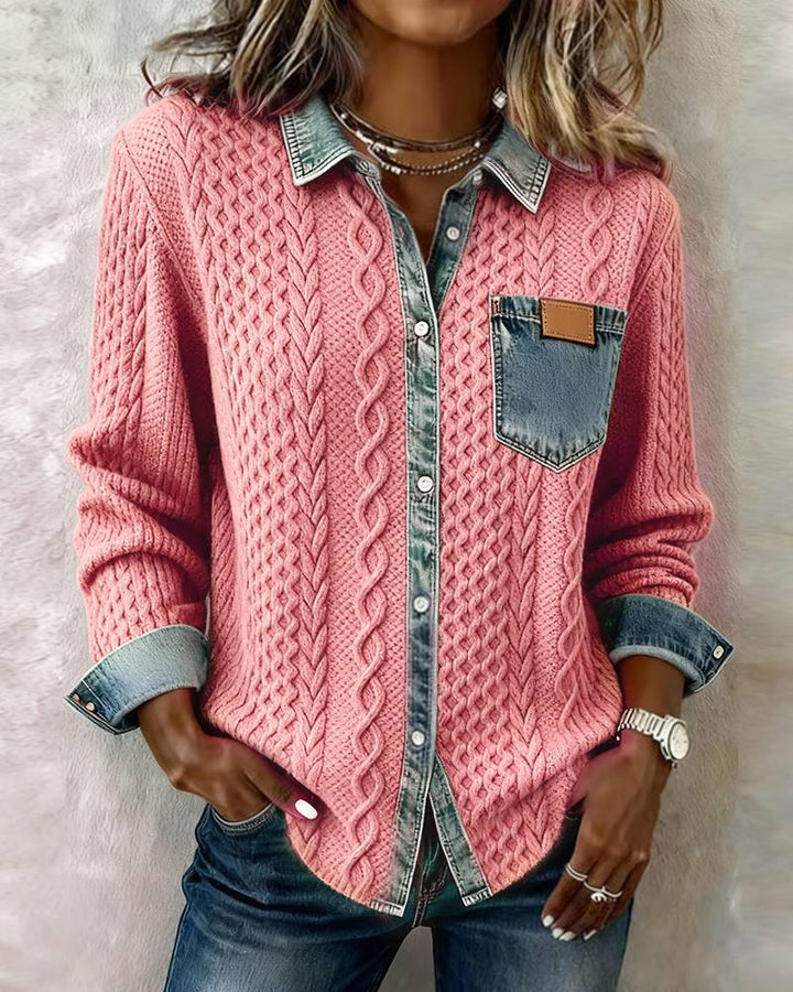 Damen Strickjacke mit Denim-Look-Kragen, dekorativer Knopfleiste und Brusttasche Drune