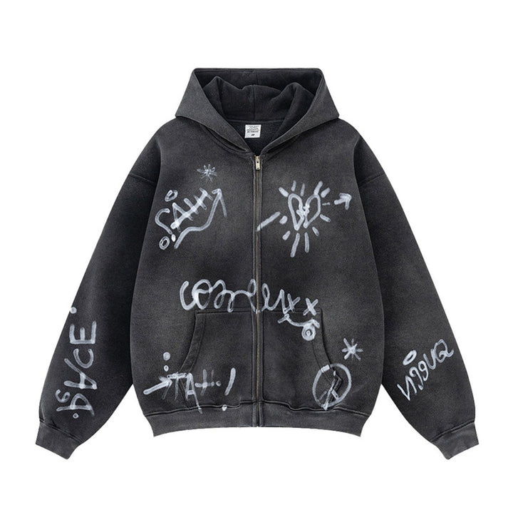 Unisex nan oversized Kapuzenjacke mit durchgehendem Reißverschluss, gebürstetem Fleecefutter und handähnlichem Sprayprint Drune
