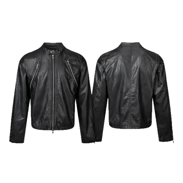 Herren Vintage-inspirierte Bikerblouson-Lederjacke mit Stehkragen und Zweiwege-Reißverschluss Drune