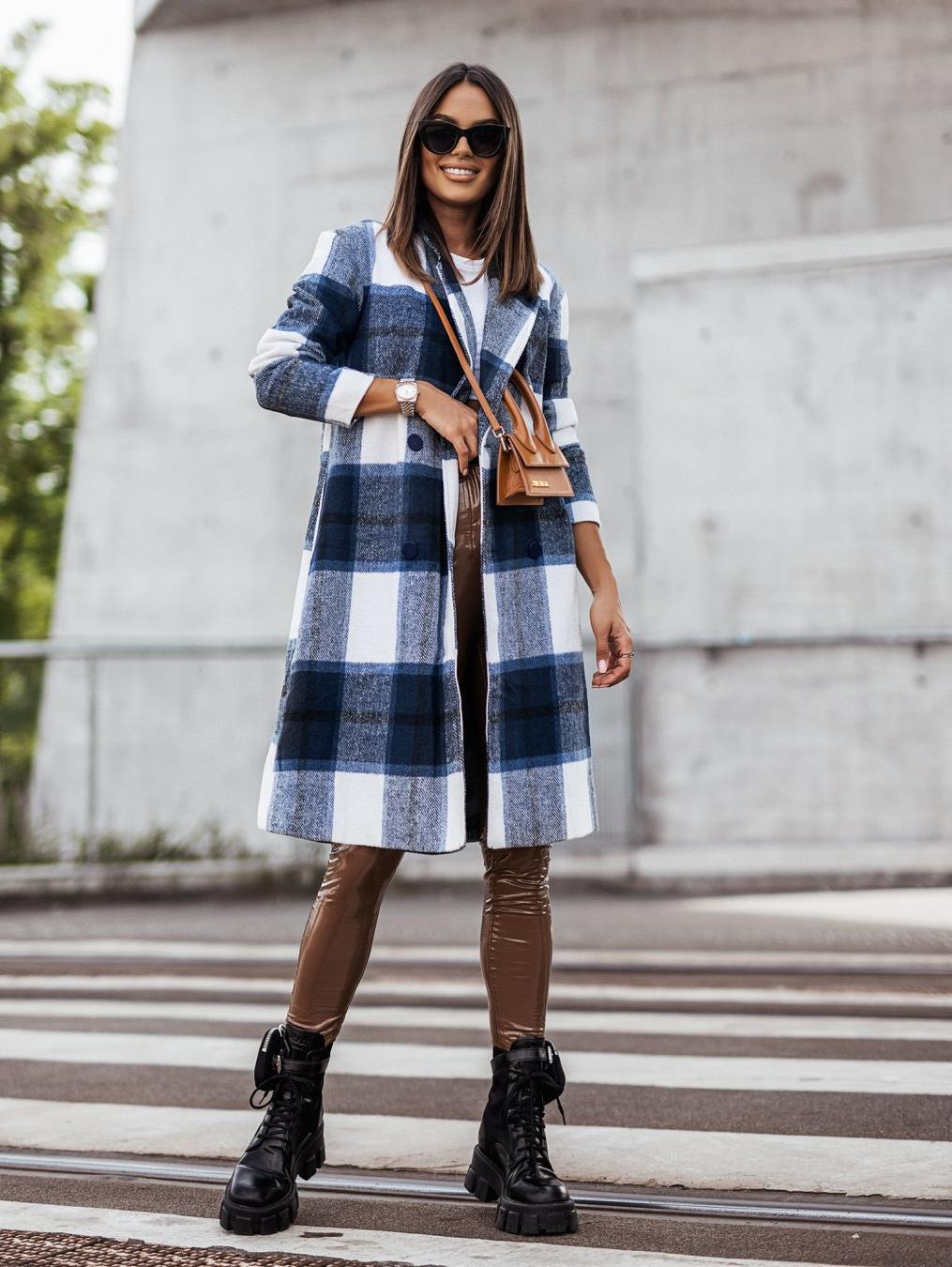 Damen Langer Wollmantel mit kariertem Muster und taillierbarem Gürtel Drune