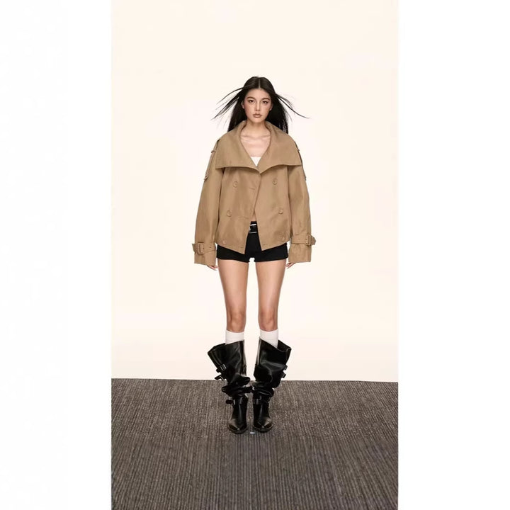 Damen Oversized Doppelreihige Trench-Bomberjacke mit hohem Stehkragen Drune