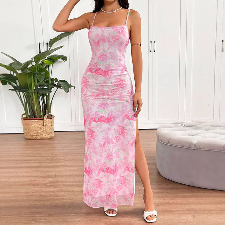 Damen elegantes Blumenmuster Maxikleid Drune
