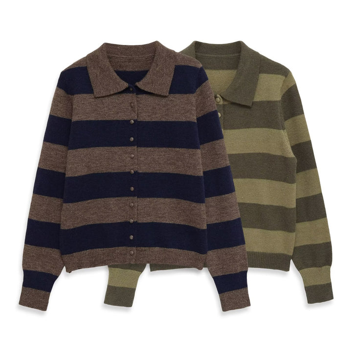 Damen Gestreifte Strickcardigan mit Hemdkragen und Knopfleiste Drune