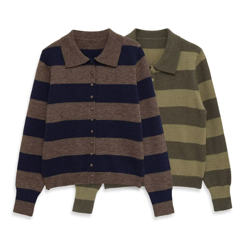 Damen Gestreifte Strickcardigan mit Hemdkragen und Knopfleiste Drune