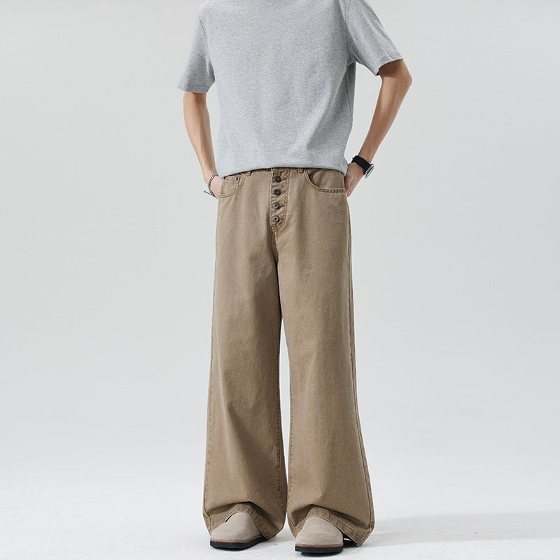 Herren Extraweite Denim-Hose mit sichtbarer Knopfleiste und bodenlangem Palazzoschnitt Drune