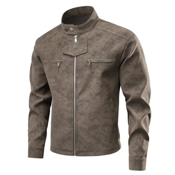 Herren Velourslederoptik-Bikerjacke mit Stehkragen, Brustreißverschlusstaschen & verdeckter Druckknopfblende Drune