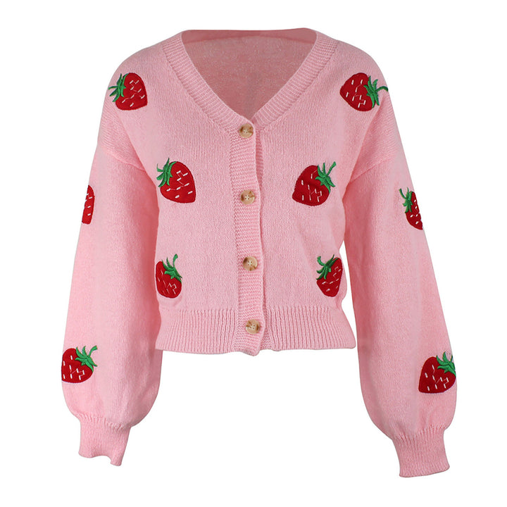 Damen verspielter Strickcardigan mit Erdbeerstickerei Drune