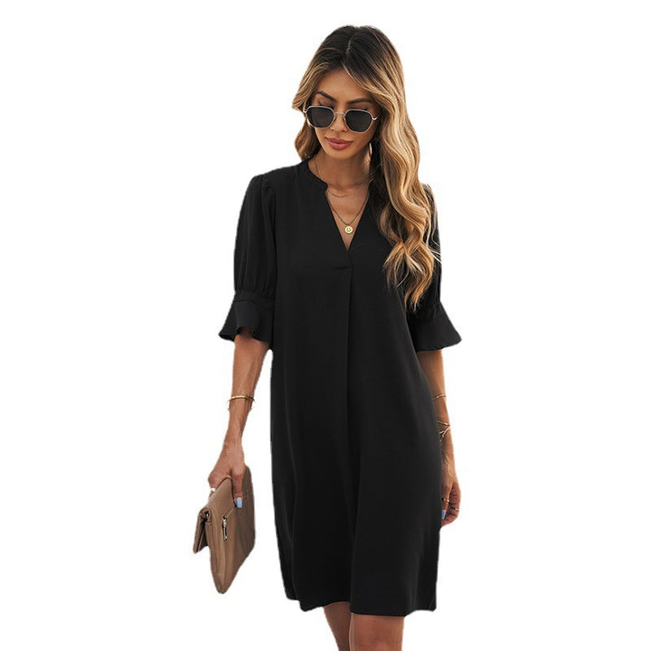 Damen elegantes Minikleid mit vorteilhaftem V-Ausschnitt und puffartigen Ärmeln Drune