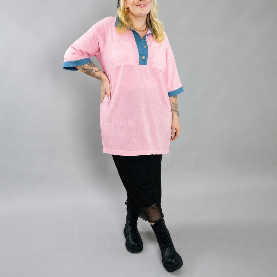 Damen oversized Polo-Tunika mit Kontrastkragen und aufgesetzten Brusttaschen Drune