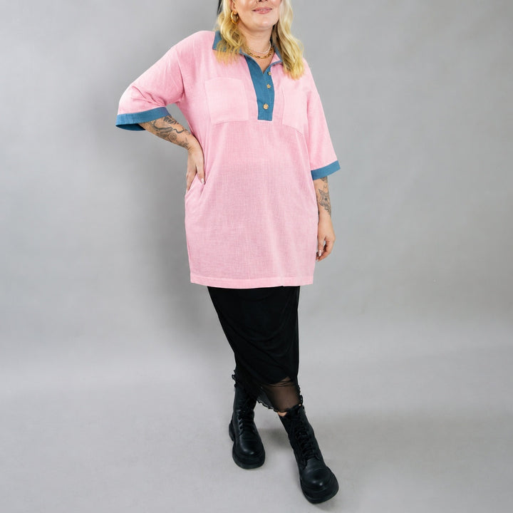 Damen oversized Polo-Tunika mit Kontrastkragen und aufgesetzten Brusttaschen Drune