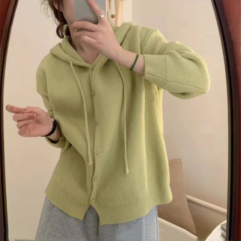 Damen Strickjacke mit Kapuze und Knopfverschluss Drune