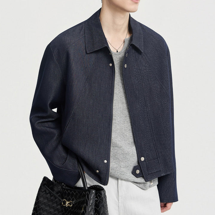 Herren Boxy-Jeansjacke im Minimalstil mit Hemdkragen und verdeckter Druckknopfblende Drune