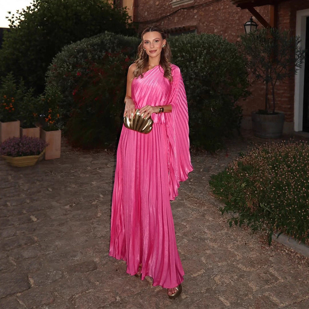 Damen Ein-Schulter Plissee-Maxikleid mit drapiertem Oberteil und weitem Volantrock Drune