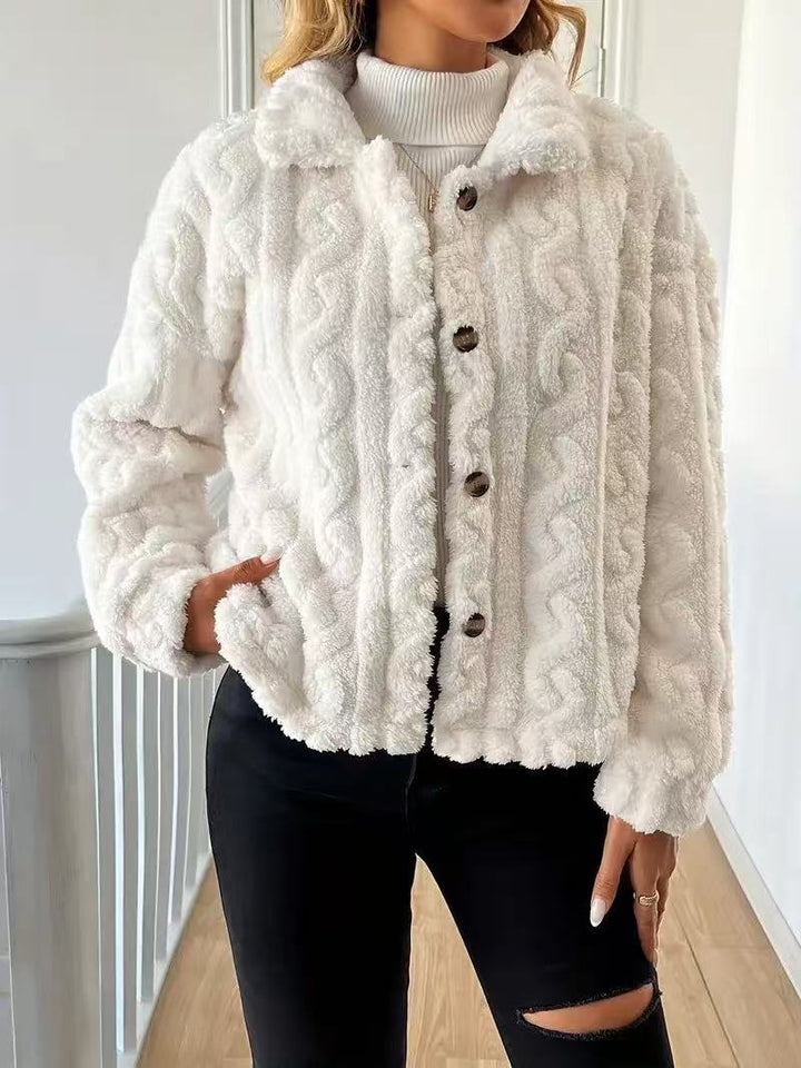 Damen Plüschjacke mit Knopfverschluss und gestreiftem Strukturdesign Drune