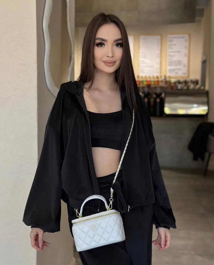 Damen Cropped Samt-Hoodie mit weitem Arm und High-Waist Jogginghose im Lounge-Set Drune