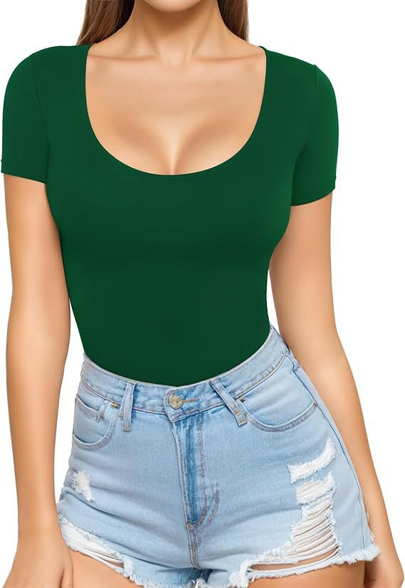 Damen figurbetontes Kurzarm-Body mit rundem Ausschnitt und nahtlosem Design Drune