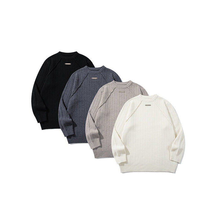 Unisex Strukturierter Waffelstrick-Rundhalspullover mit Raglanärmeln und Metall-Logo Drune