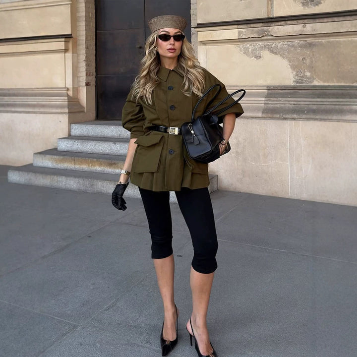 Damen Kurzjacke im Utility‑Stil mit Ballonärmeln & aufgesetzten Klappentaschen Drune