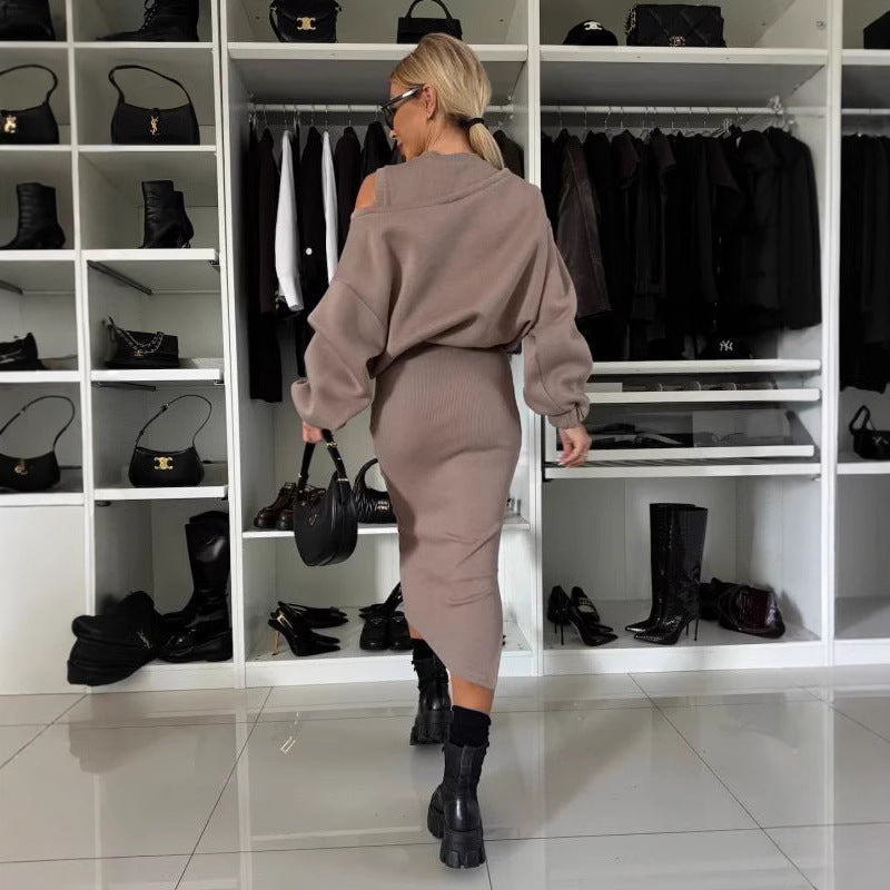 Damen Bequemes Sweatset mit Ein-Schulter-Ausschnitt und Taillierter Midi-Rock Drune