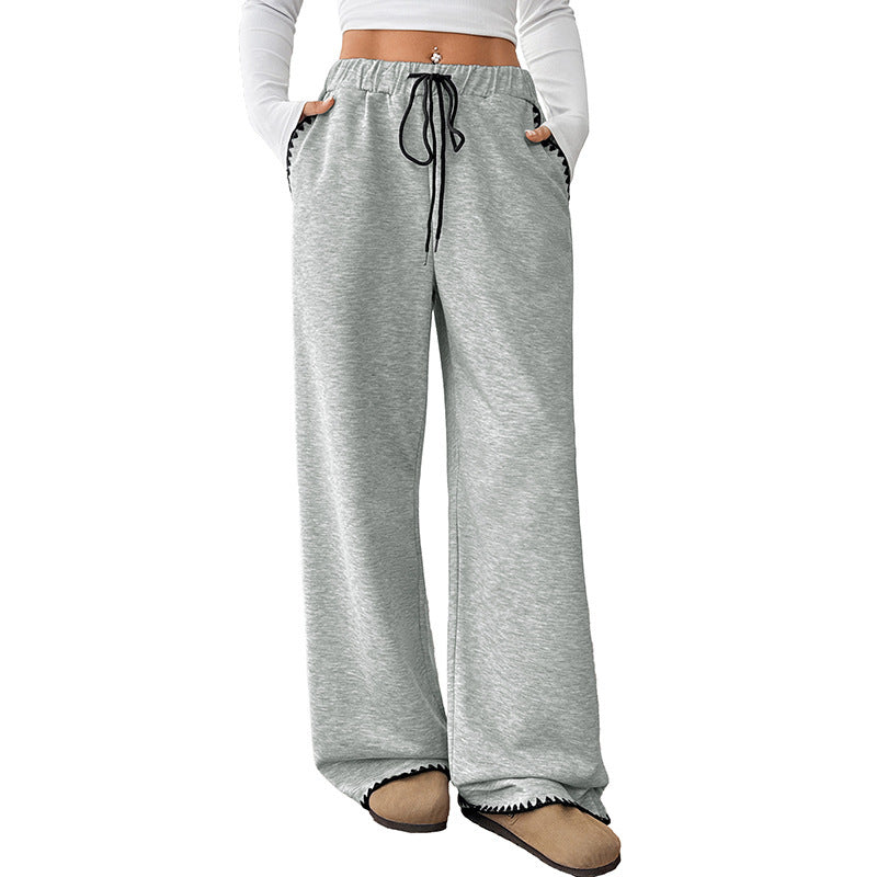 Damen Relaxte Lounge-Jogginghose mit weitem Bein, elastischem Bund, Kordelzug und Zierkante Drune