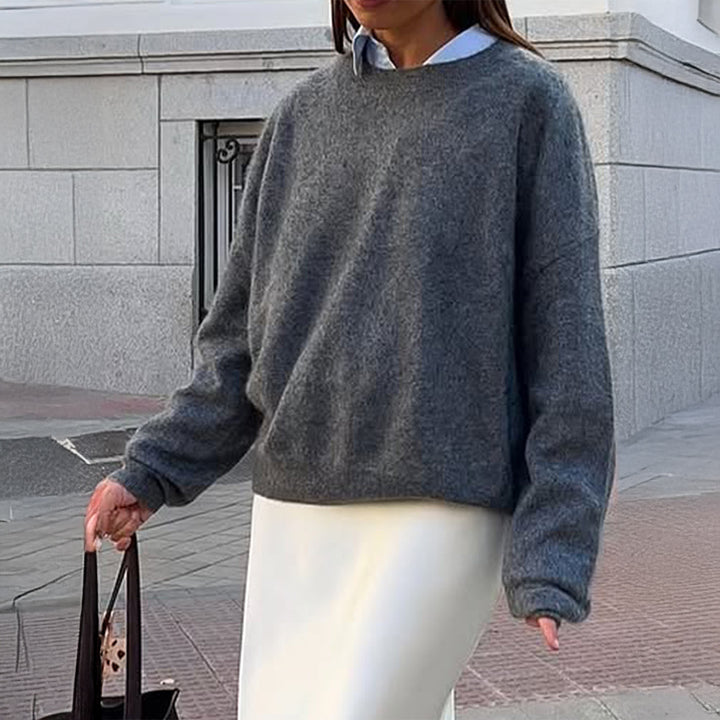 Damen nan kuscheliger Oversize-Strickpullover mit Rundhalsausschnitt und voluminösen Ballonärmeln Drune