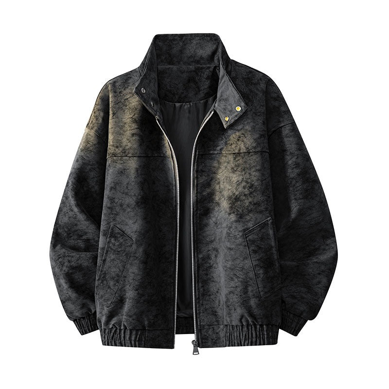 Herren Oversize-Boxy-Jacke in Veloursleder-Optik mit hohem Stehkragen, Zwei-Wege-Reißverschluss & Tunnelzugsaum Drune