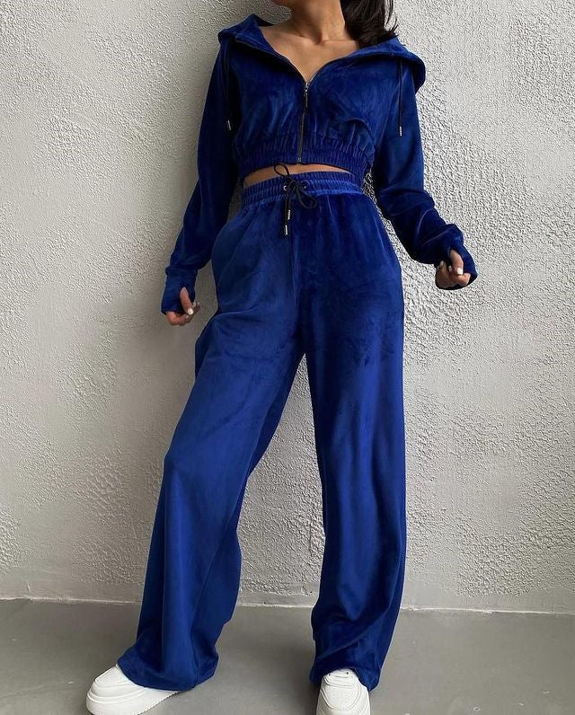 Damen Samt-Loungewear-Set mit Cropped Zip-Kapuzenjacke und weiter Palazzohose Drune