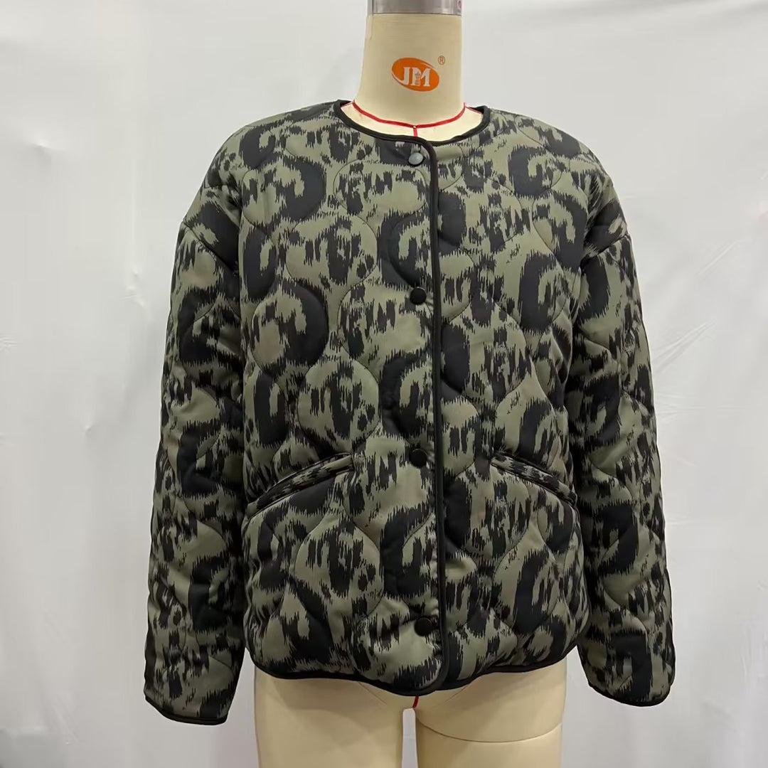 Damen nan gesteppte Ikat-Print Steppjacke mit Rundhalsausschnitt, kontrastpaspel und aufgesetzten Taschen Drune