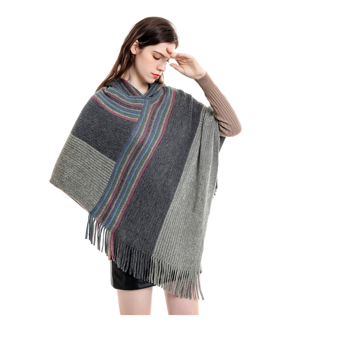 Damen Kapuzen-Poncho im Grobstrick mit Fransensaum Drune