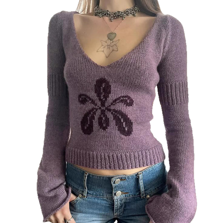 Damen nan kurzes Feinstrick V‑Pullover mit floralem Intarsienmotiv und ausgestellten Trompetenärmeln Drune