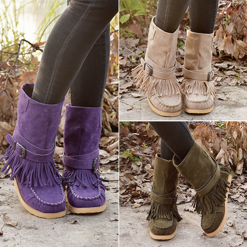 Damen Mokassin-Stiefel mit fransigen Details und modischer Schnalle Drune
