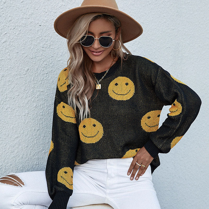Damen lässiger Strickpullover mit Smiley‑Jacquard und Rundhalsausschnitt Drune