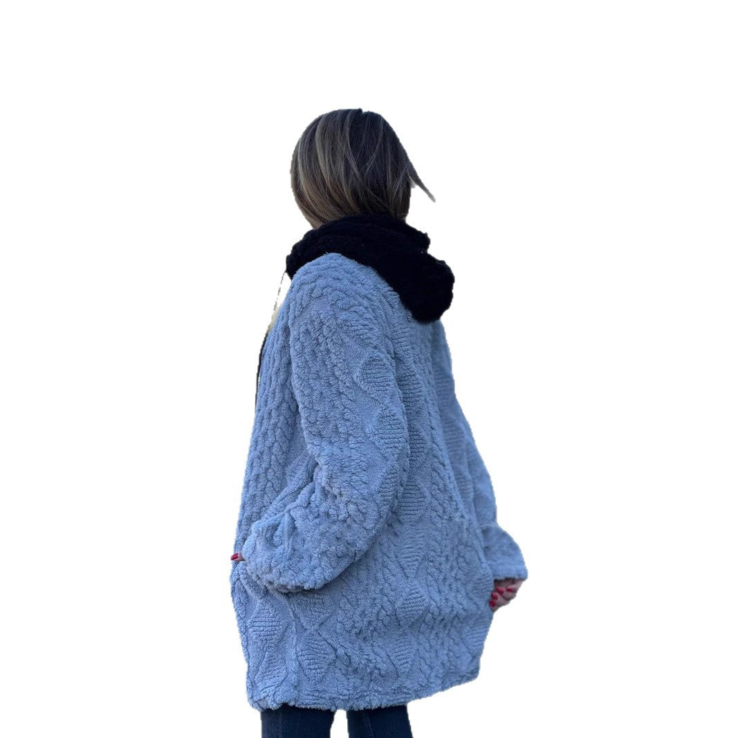 Damen nan oversized Teddy-Manteljacke mit Kontrastkapuze, Reißverschluss und Eingrifftaschen Drune