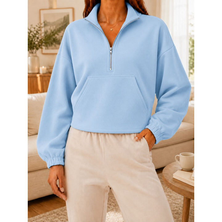 Damen Kurz geschnittener Sweatshirt-Pullover mit halbem Reißverschluss und Kängurutasche Drune