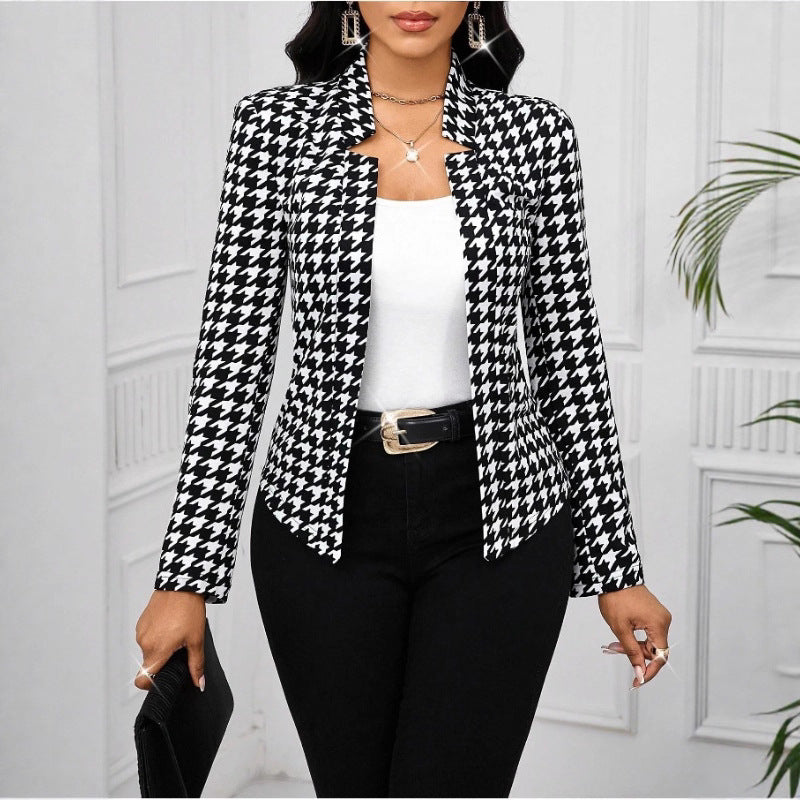 Damen elegante Blazerjacke mit Hahnentrittmuster und tailliertem Schnitt Drune