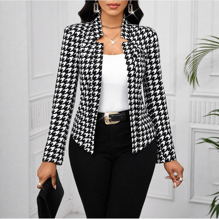 Damen elegante Blazerjacke mit Hahnentrittmuster und tailliertem Schnitt Drune