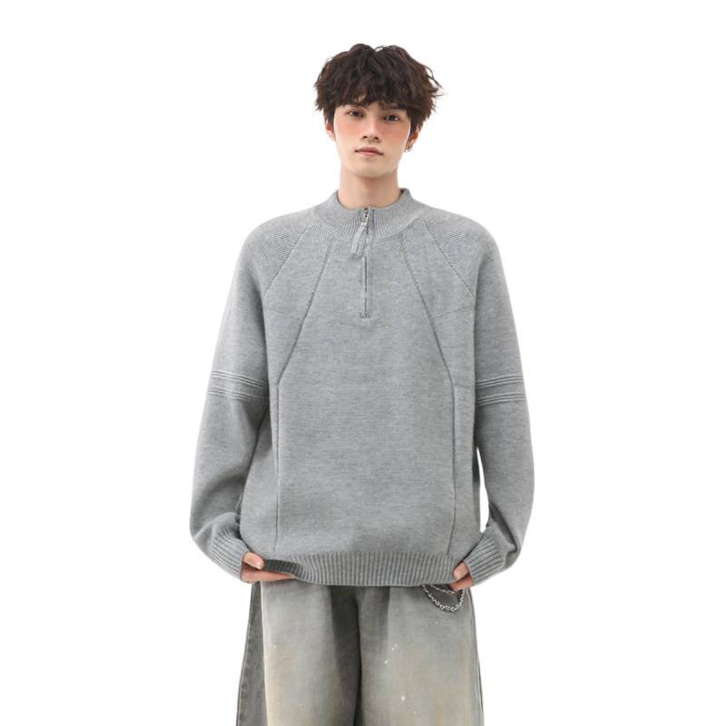 Herren Strick-Halbzip-Pullover mit Stehkragen und strukturierten Rippdetails Drune