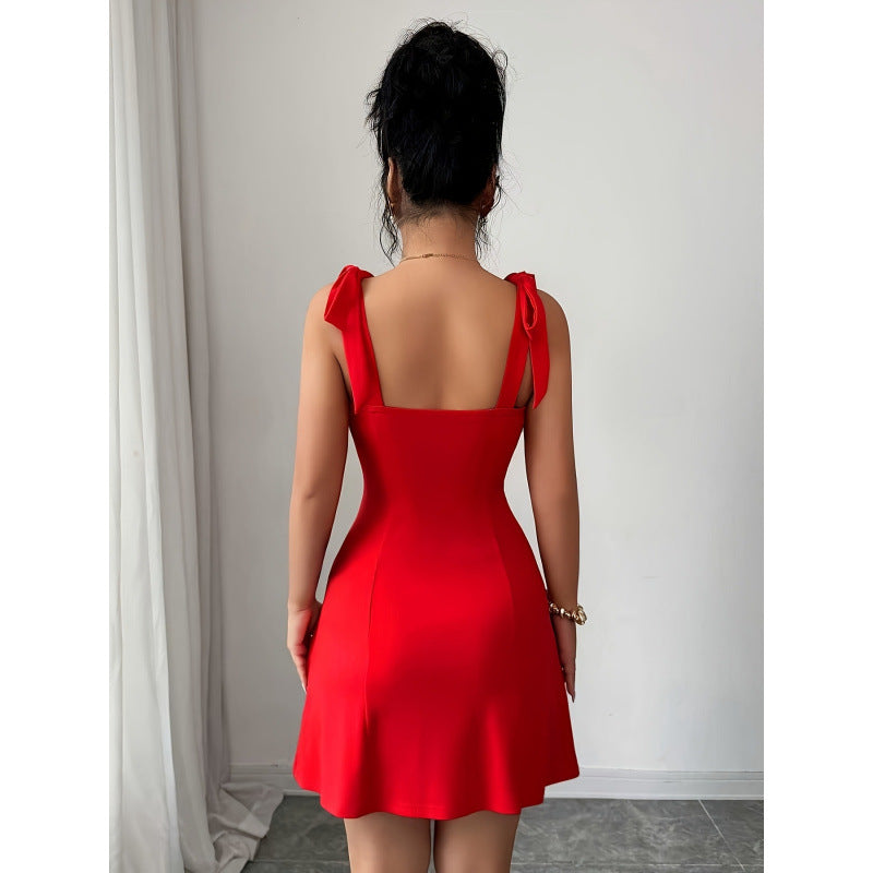 Damen Minikleid mit dekorativen Trägern und glamourösen Perlendetails Drune