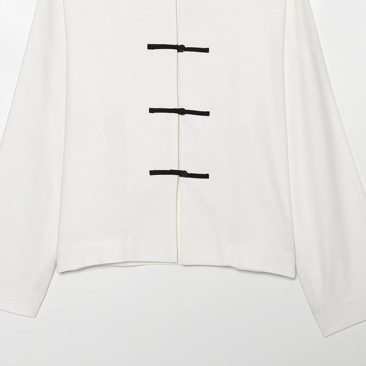 Damen Boxy-Jacke mit Mandarin-Kragen und dekorativen Knotenverschlüssen Drune