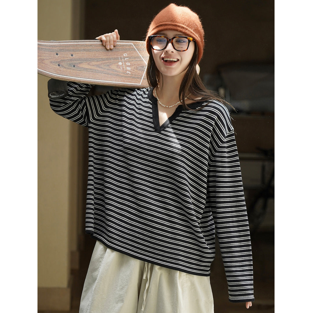 Damen Gestreiftes Oversize-Langarmshirt mit V-Ausschnitt und lässiger Silhouette Drune