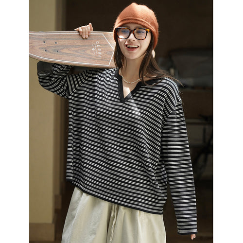 Damen Gestreiftes Oversize-Langarmshirt mit V-Ausschnitt und lässiger Silhouette Drune