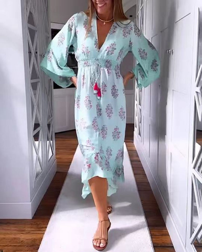 Damen nan luftig-fließendes Boho-Midikleid mit V-Ausschnitt, geraffter Smock-Taille, Kordelzug mit Quasten und asymmetrischem Volant-Saum Drune