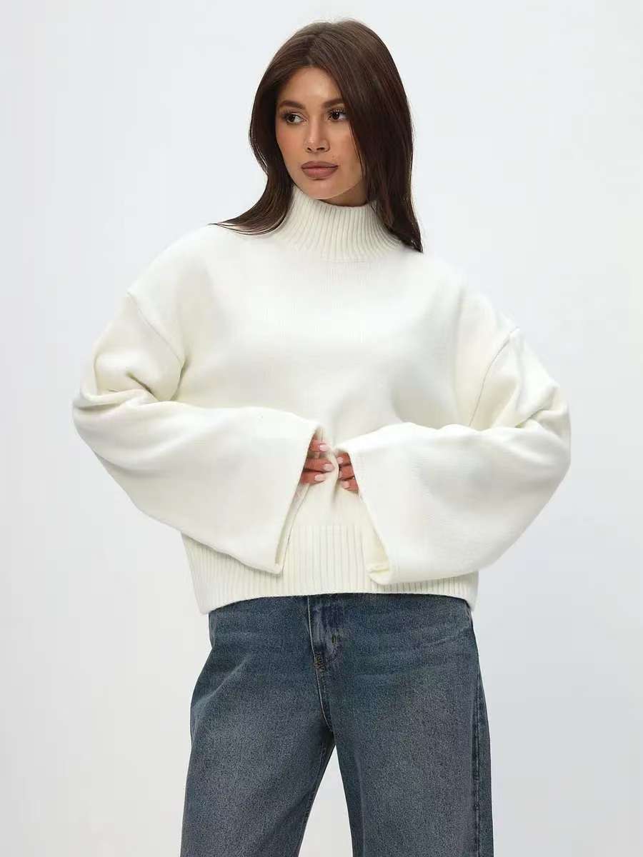 Damen Grobstrickpullover mit Stehkragen und voluminösen Ärmeln Drune