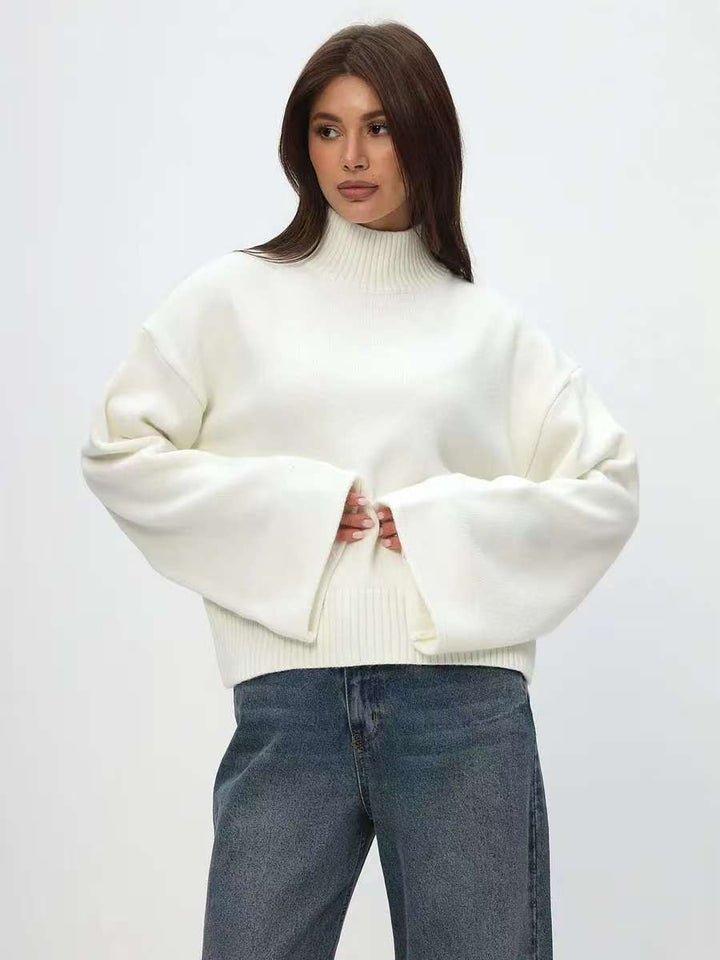 Damen Grobstrickpullover mit Stehkragen und voluminösen Ärmeln Drune