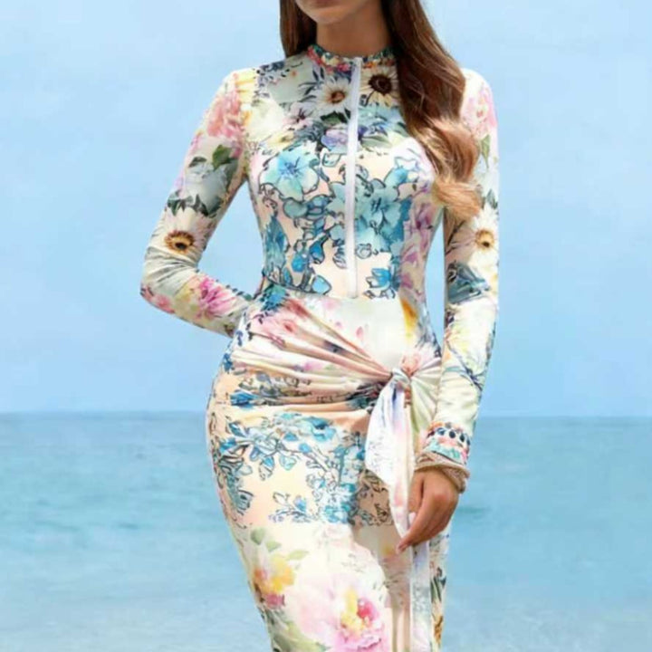Damen Elegantes Langarm-Strandkleid mit floralem Design Drune