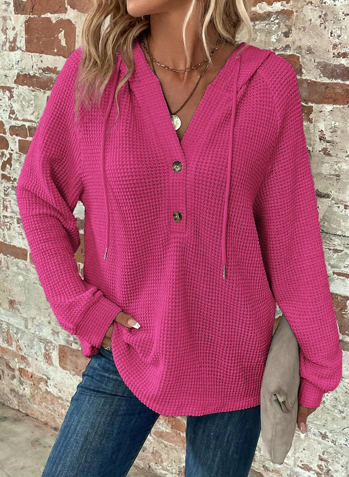 Damen gemütlicher Strickpullover mit Kapuze und Knopfleiste Drune