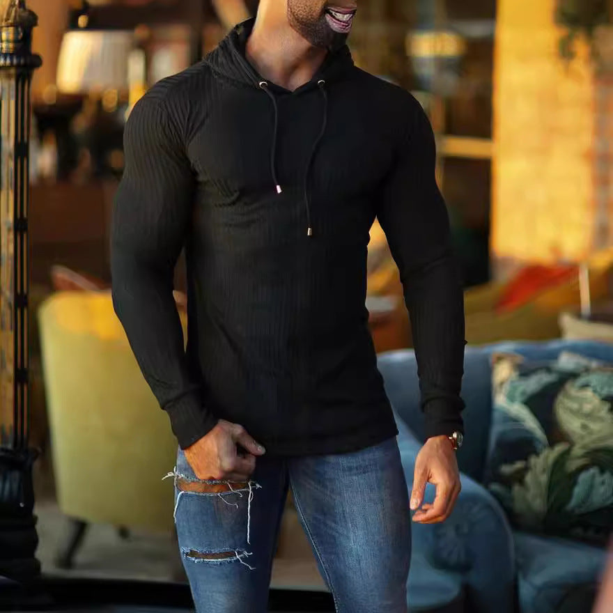 Herren eng anliegendes Rippstrick-Kapuzenlongsleeve mit Slim-Fit und Elastikanteil Drune