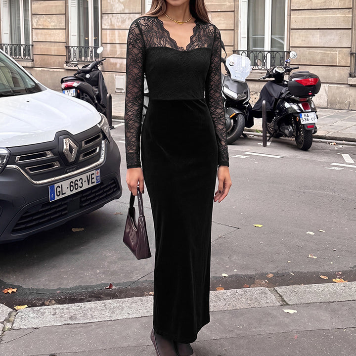 Damen Elegantes Langarm Maxikleid aus Samt und Spitze Drune