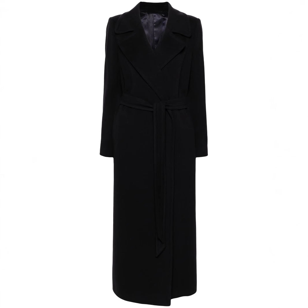 Damen Langer Wickelcoat aus Wollmix mit Bindegürtel und breitem Revers Drune