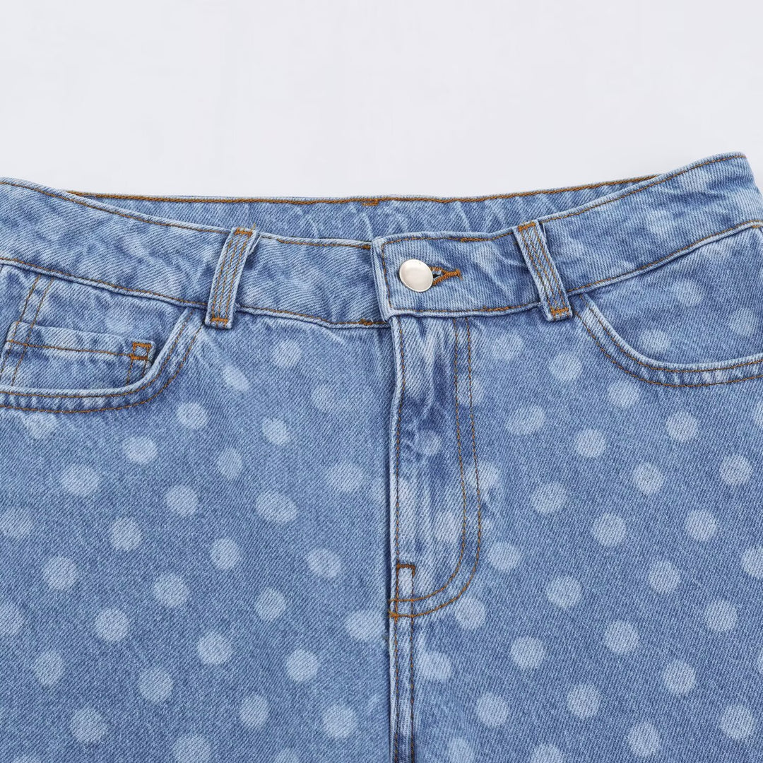 Damen Weite Cropped-Jeans mit hohem Bund und gepunktetem Denim Drune